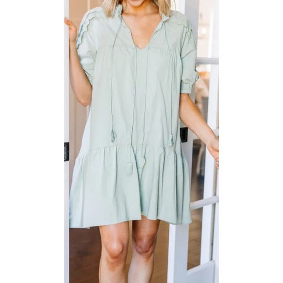 &Merci green cotton boho gauze peasant puff sleeve lace dress medium. - Picture 1 of 10